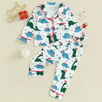 Lioraitiin 6M-5Y Kid Baby Boys Коледа пижами дълъг ръкав динозавър печат бутон надолу риза + панталони комплект малки деца дрехи 2бр