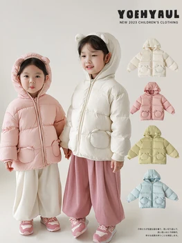 Момичета мечка с качулка надолу яке зима нов детски сладък джоб топло палто прилив