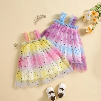1-4Y Малко момиче Cami Mesh принцеса рокля без ръкави звезда пайети градиент цвят Frill подстригване Tutu рокля за бебета бебе момичета