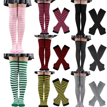 1 комплект сладък плюс размер над коляното чорапи жени момичета сладък над коляното дълга ивица отпечатани бедрото високи памучни чорапи ръка ръкав ръкавици