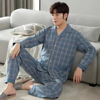 100% памук пижами комплекти мъжки пролетни пижами завой-надолу яка дълъг ръкав мъжки пижами домашно облекло