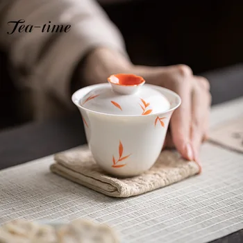 100ml Underglaze Цвят Ръчно рисувани червени листа изкуство керамични покрити купа китайски чай купа с капак чай вземане Gaiwan Кунг Фу Teaset