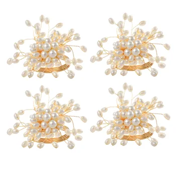 10pcs / партида бяла перла низ флорални салфетка пръстен сватба празнична парти салфетка притежателя таблица отгоре декорация салфетка пръстен