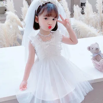 2022 Бяла принцеса сватба рожден ден рокля цвете момиче парти Детски рокли за момичета Лятна детска рокля Бяла рокля от прежда