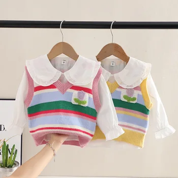 2023 Есен Нови детски бутикови дрехи момичета 2 броя комплекти жилетка база риза прост стил корейски всички мач мода случайни сладки