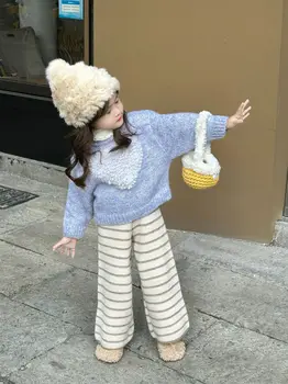 2023 Зимен есенен детски пуловер Активен сладък корейски стил твърд любовен модел бебе момичета плета пуловер O-образно деколте отгоре топли дрехи