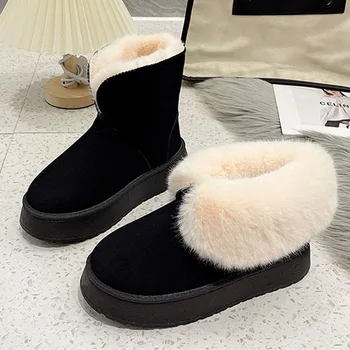 2023 Зимни дамски ботуши на открито платформа без хлъзгане сняг ботуши мода плюшени фланец глезена ботуши луксозни велур топли памучни обувки