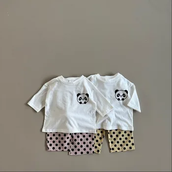 2023 Корея пролет лято бебе момиче Cusual 2PC дрехи комплект памук панда отпечатани половин ръкав дъно риза твърди точка шорти костюм