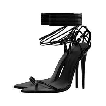 2023 Нова марка дамски летни обувки заострени пръсти тънки високи токчета женски сандали черен плътен цвят леки дамски обувки