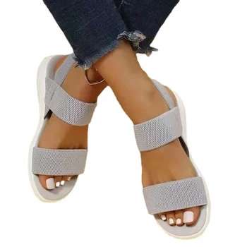 2023 Ново лято голям размер 36-43 Дамски обувки случайни еластична каишка обратно каишка плоско дъно сандали за жени 922