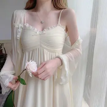 2023 Пролет нова нощ рокля пижама жени прекрасен сладък дантела спално облекло секси v-образно деколте нощница дворец принцеса френски пижама жени