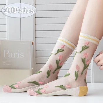 20Pairs пролет и лято Висока стойност ултра-тънки копринени чорапи за жени лале фея кристал чорапи модерен ниша чорапи