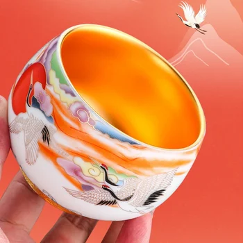 24K Gilt Master Ръчно построена чаша за лампа Изпращане на кранове до старейшините, за да се удължи годината Подарък от висок клас Ръчно рисуван домакин чаша чаена чаша