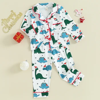 2Pcs бебе Коледа пижами дълъг ръкав динозавър печат бутон надолу риза панталони комплект малки деца