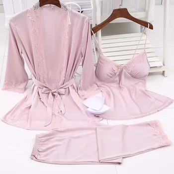 3 Комплект пижами за дамско нощно облекло Секси дантела пачуърк Начало Дрехи Сатен Loungewear Жени Лято Пролет Спално облекло