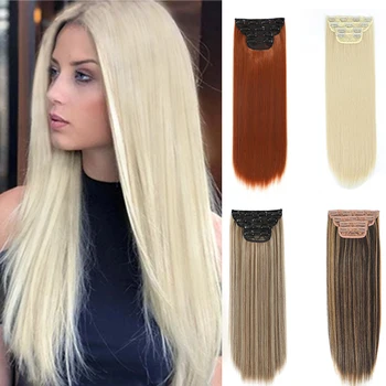 4Pcs / Set клип в удължаване на косата дълги вълнообразни синтетични косми за жени 20inch руса коса разширения естествени влакна фалшива коса парче