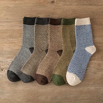 5 чифта мъжки чорапи с кръгло деколте с вълнообразни райета, ретро неутрален стил, удебелени за зимна топлина