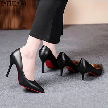 6cm/8cm/10cm Класически стил офис работни обувки секси червена подметка стилет дами помпи матова кожа високи токчета плюс размер 42 43
