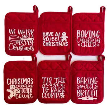 6Pcs Christmas Pot Rack Baking Kit, Christmas Oven Ornament Printed Oven Gloves, Kitchen Cooking Baking Gift Easy Install