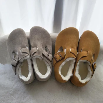 Baotou Birken влачи овча кожа интегрирани мързеливи обувки с плоска подметка корк и плюшени топли вълнени обувки