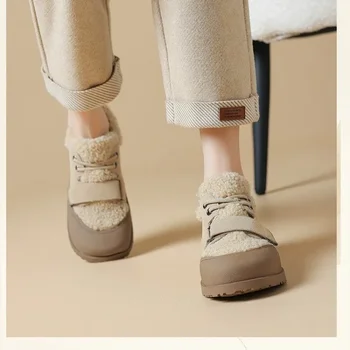 BCEBYL Зимна нова мода случайни елегантен плоско дъно повишен комфорт плътен цвят плюс кадифе кръг пръсти дантела нагоре дамски обувки