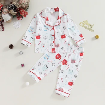 BeQeuewll Детска коледна пижама Комплект Сладък печат бутон нагоре риза с дълъг ръкав и еластични панталони Шезлонги Спално облекло