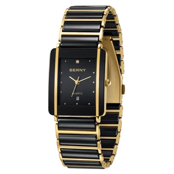 BERNY керамични кварцови мъжки часовници мода луксозен правоъгълник ръчен часовник BERNY XV12 водоустойчив календар Diamon черно злато двойка часовник