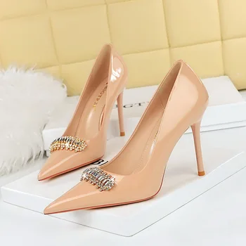BIGTREE обувки блестящ кристал жени помпи лачена кожа високи токчета луксозни банкетни обувки секси парти обувки Stilettos дама петата