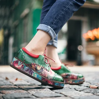 Birkuir Ретро естествена кожа плоска платформа обувки жени дебела пета смесени цветове печат обувки луксозни дантела нагоре дама клинове обувки