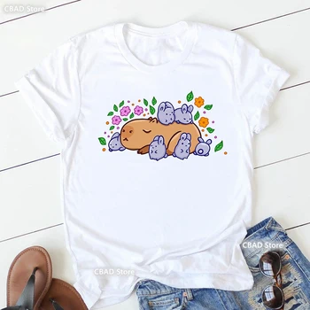 Capybara любов заек животински печат тениска момичета мода цветя тениска жени Harajuku Kawaii дрехи лято къс ръкав тениска