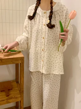 Cherry печат есенна пижама комплект жени памук случайни дантела пачуърк спално облекло реколта сладък ризи + панталони хлабав домашен костюм 2023