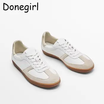 Donegirl 2023 Жени Нова мода кръгла глава Solid Splicing Lacing Sneaker Естествена кожа Прости ежедневни обувки Женски шик