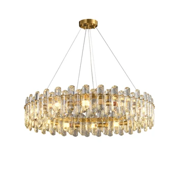 E14 LED димиране K9 кристал колекция злато хром висок таван полилей осветление висяща лампа за хол