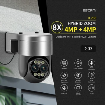 ESCAM 4MP 1440P Camhi APP 8X Zoom Dual Lens Безжична IP камера AI хуманоидно откриване Домашна сигурност CCTV Интерком бебешки монитор
