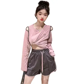 Girls Summer Wear Sun-Proof Clothing Set Thin Long Sleeve Top+Shorts Two Pieces Sportswear Teenager Kids Outfits Set 10 12 години
