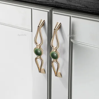 Gold чекмедже обувки шкаф копче дръпнете 96/128/160mm модерен проста мода зелен нефрит кухненски шкаф шкаф дръжка