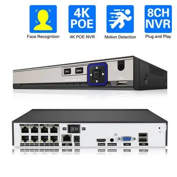 H.265 8-канална система за сигурност CCTV POE NVR 4K разпознаване на лица XMEYE RJ45 Видеорекордер за мрежово наблюдение P2P 8CH 8MP