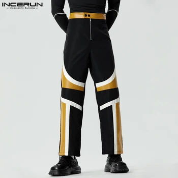INCERUN 2023 Американски стил мода мъже снаждане деконструкция цвят контраст панталони улица цип PU кожа Pantalons S-5XL
