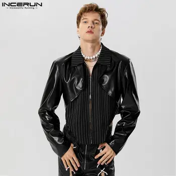 INCERUN Върхове 2023 Американски стил красив мъжки пресечен дъгов подгъв дизайн якета палта случайни твърди ревера PU плат якета S-5XL