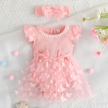 Infant Girls Tulle Romper Dress Fly Sleeve 3D Butterfly Bowknot Jumpsuits Dress Newborn Ribbed Bodysuits Dress+Headbands Outfits