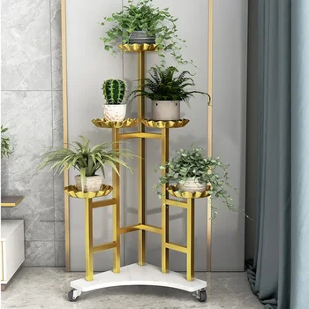 Iron вътрешен многоетажни растителни стелажи прости мобилни етаж тип рафт за цветя балкон зелен саксия стойка
