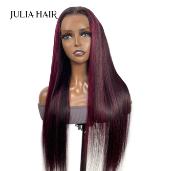 Julia Hair 99J Burgundy And Black Straight 13x4 Lace Frontal Human Hair Wigs 150% плътност Предварително оскубана коса с бебешка коса