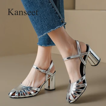 Kanseet Дамски обувки за дами Лято Нов стил Рим сандали естествена кожа парти рокля елегантен високи токчета женски сандал сребро