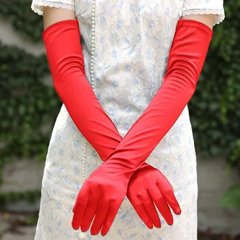 Long Extra Wedding Opera Цветни сатенени ръкавици за жени момичета Ръкавици за парти с пълен пръст Булчински банкетни ръкавици