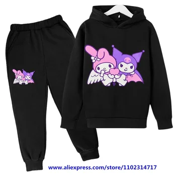 MINISO Hello Kitty Casual Funny Анцуг Момчета Kuromi Hoodies Детски качулки Дълги панталони 2Pcs Комплекти Детски пуловер Облекло