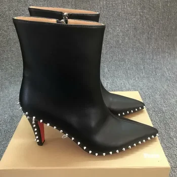 NEW Най-високо качество Cl червено дъно ботуши за жени секси заострени пръсти със сребърни нитове дами глезена ботуши луксозни високи токчета обувки