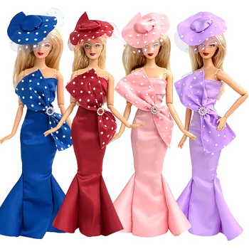 NK 4 бр / комплект елегантна рокля + шапка тънък рибена опашка мода сватбено парти пола топка рокля дрехи за кукла Барби аксесоари играчка