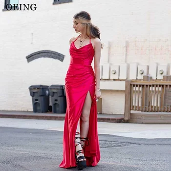 OEING Червена луксозна абитуриентска рокля Елегантна каишка за спагети Странична сплит русалка вечерни рокли Официален повод рокля Vestidos Navidad