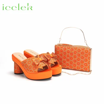 Orange Най-новите италиански обувки със съвпадащи чанти комплект, украсени с Rhinestone жени летни кръг токчета чехли за сватбено тържество