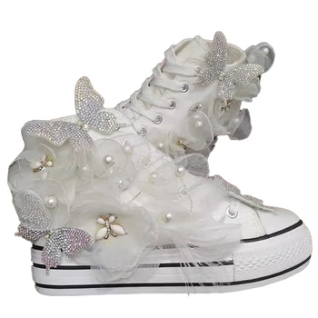 Pearl дантела ежедневни обувки увеличена височина вътре бяла пролет есен платно обувки тежкотоварни Лолита дантела тежка работа единични обувки